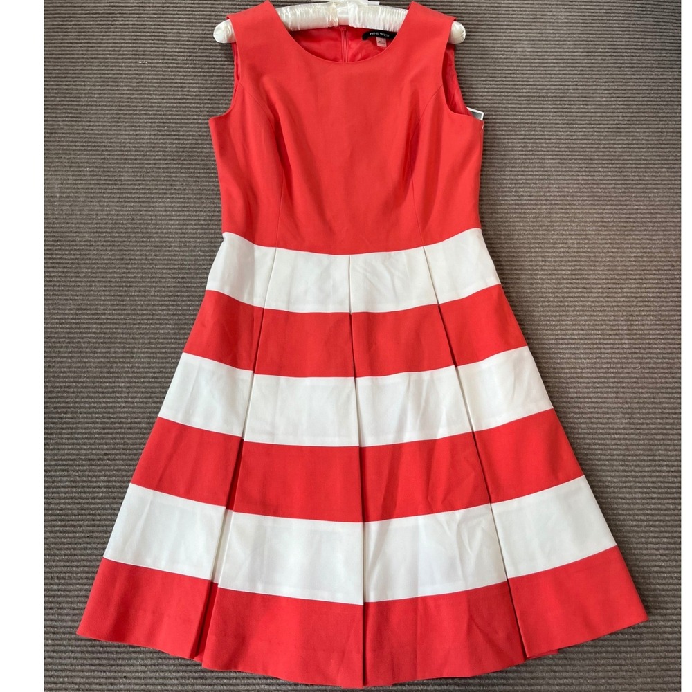 Nine West Coral‎ Red White Striped Fit and Flare Pleated Dress Size 6 NEW